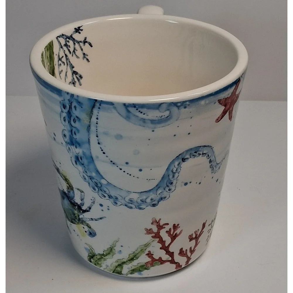 Pier 1 Sea Life Ironstone Mug Seahorse Octopus Crab Watercolor Nautical MINT
